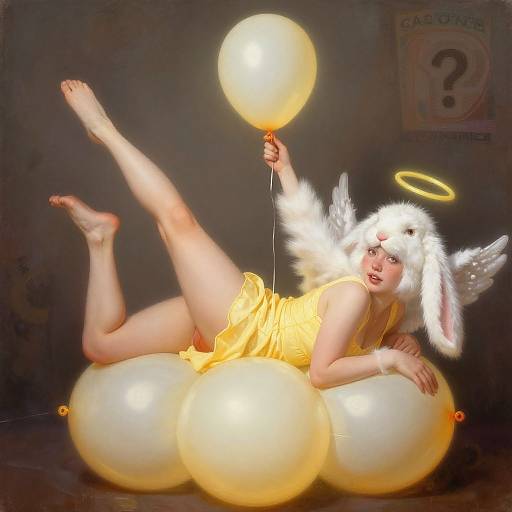 Photograph of a fair-skinned woman in a yellow dress, white furry angel wings, and bunny ears, lying on white balloons, holding a glowing