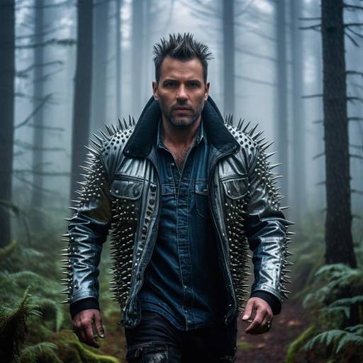 Man Wearing Spiked Leather Jacket in Foggy Forest
