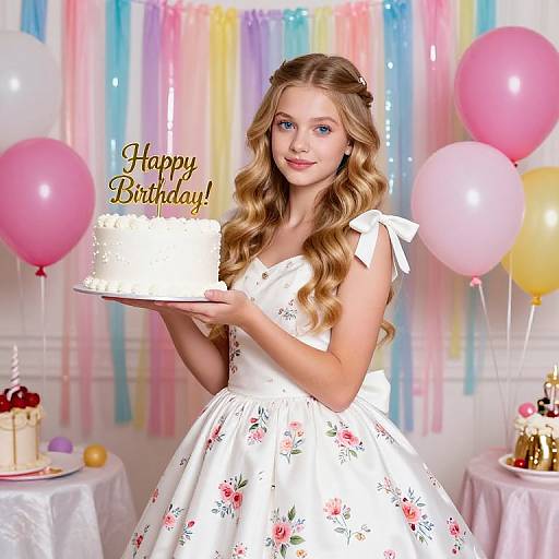 Photograph of a young blonde girl in a floral white dress, holding a white birthday cake with 