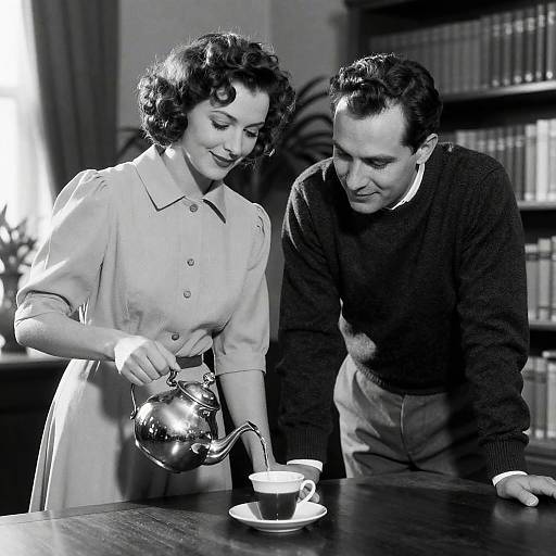 Vintage Couple Pouring Tea in Library