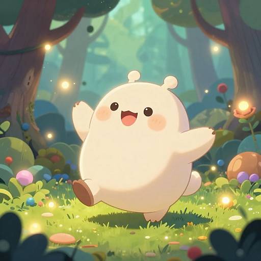 Adorable white, round, ghost-like creature with small ears and a joyful expression, jumping in a vibrant, magical forest filled with glowing fireflies and