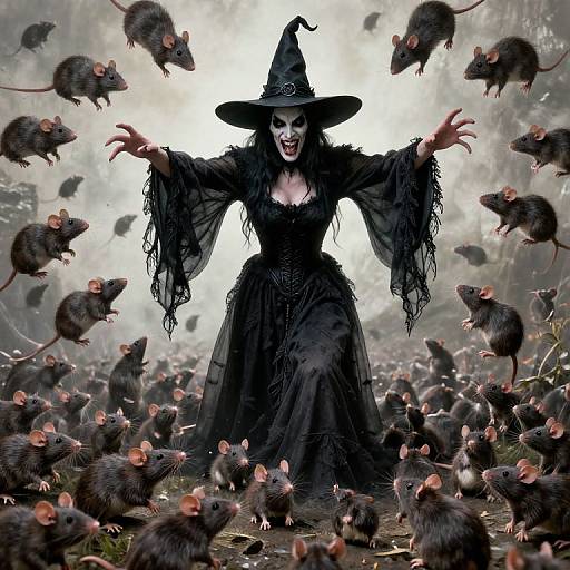 Digital artwork of a pale, black-clad witch with a pointy hat, surrounded by swirling, agitated mice in a misty forest.
