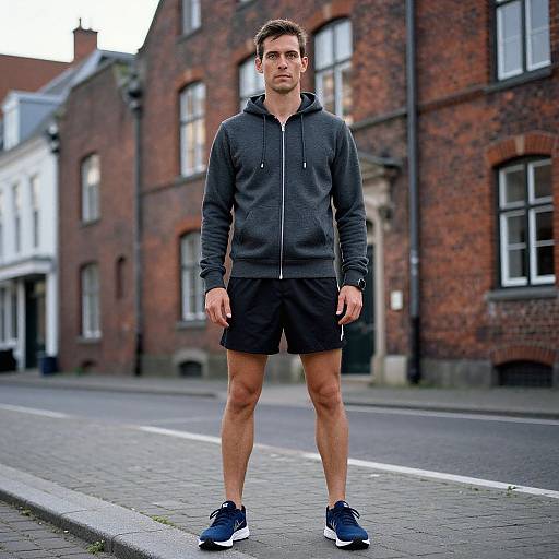 Photograph of a fit, young Caucasian man with short brown hair, wearing a dark grey hoodie, black shorts, and blue sneakers, standing in an