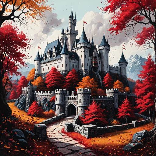 Fantasy Castle in Crimson Autumn Forest