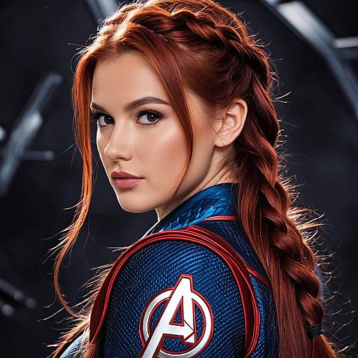Red-haired woman in Avengers inspired outfit