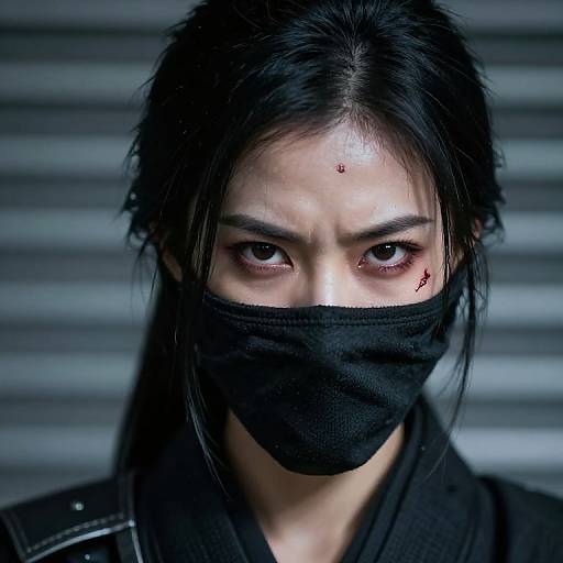 Close-up photograph of an Asian woman with black hair, black mask, visible facial scars, red dot on forehead, against a gray metallic background. Int