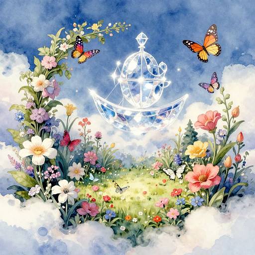 Whimsical watercolor painting of a glowing white geometric flower shape, surrounded by vibrant flowers, butterflies, and clouds under a blue sky.