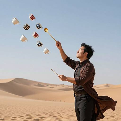 Photograph of an Asian man with short black hair, wearing a brown jacket and black pants, flying five colorful kites in a desert landscape with sandy