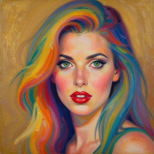 Digital painting of a woman with vibrant, multicolored hair, striking green eyes, and bold red lips, set against a golden background.