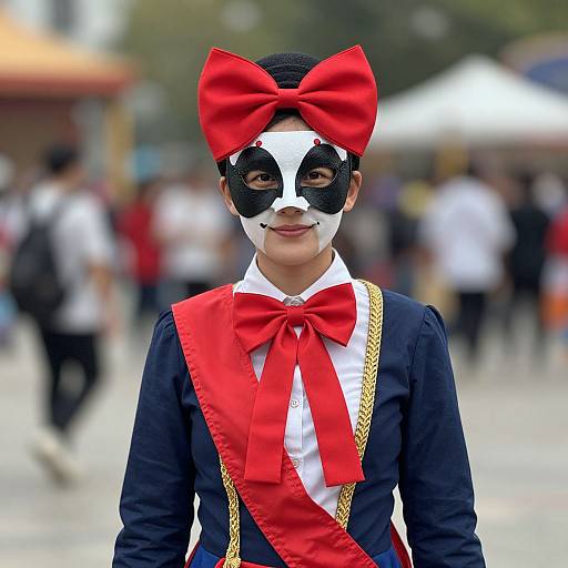 Photograph of a young person in a black mask with white face paint, red bow, large red bow tie, navy dress, and gold chain,