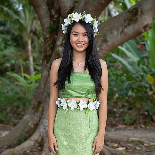 Young Asian Woman in Traditional Hula Dress