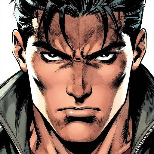 Digital manga-style portrait of a stern, dark-haired man with intense white eyes, sharp eyebrows, and shadowed face, wearing a dark jacket. Water