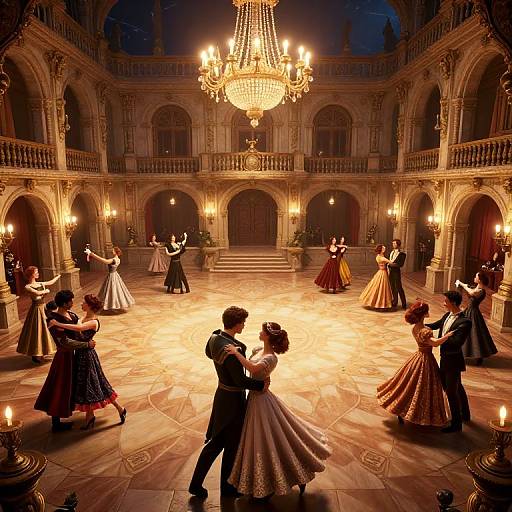 Photograph of a grand ballroom with a chandelier, dancers in colorful, vintage dresses and suits, illuminated by warm, golden lights.