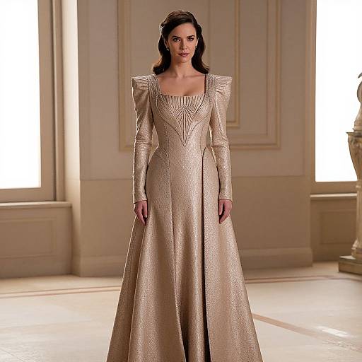 Photograph of a brunette woman in a floor-length, shimmering gold gown with puffed shoulders, standing in an elegant, sunlit room.