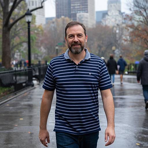 Photograph of a bearded man with short brown hair, wearing a navy and white striped polo shirt, walking on a wet, urban park path with