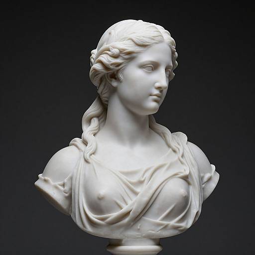 Photograph of a detailed white marble bust of a classical female figure with wavy hair, draped clothing, and subtle facial expression.
