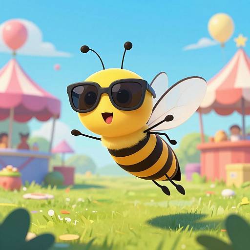 Cartoon bee with black sunglasses, yellow body, and white wings joyfully flies over a sunny, colorful carnival with tents and balloons.