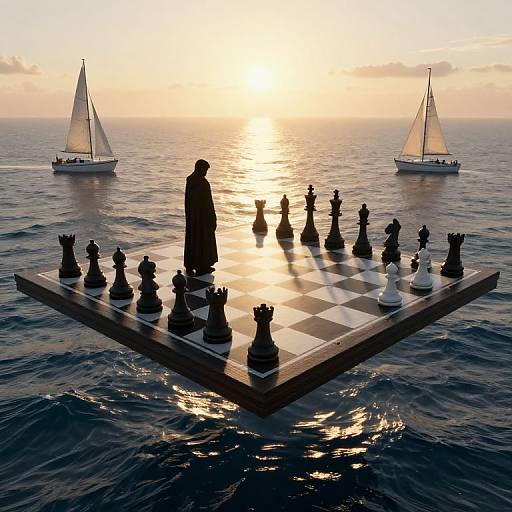 Silhouetted figure plays chess on floating board at sunset, surrounded by two sailboats on calm ocean. Digital art.
