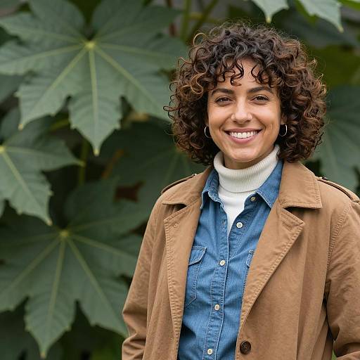 Smiling Woman with Curly Hair and Brown Jacket