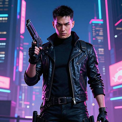 Digital artwork of a muscular, black-haired man in a black leather jacket, black turtleneck, and gloves, holding a gun, standing in a