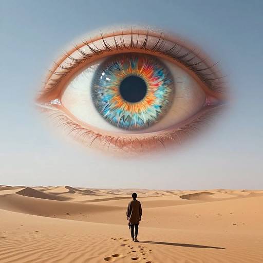 Photograph of a desert with a giant, colorful, realistic eye in the sky above a solitary, silhouetted figure walking.
