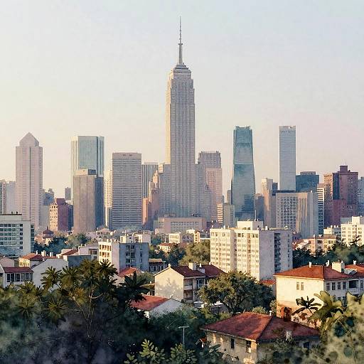 Photograph of a cityscape featuring a tall, central skyscraper with a spire, surrounded by various high-rise buildings and red-roofed residential