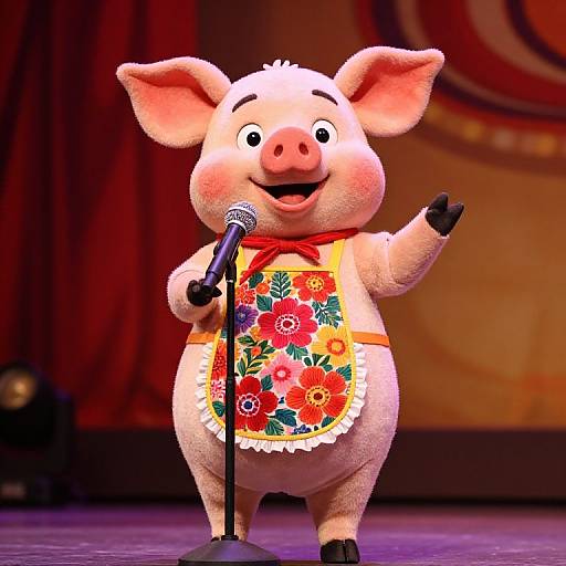 CGI cartoon pig with pink skin, wearing a floral apron, black gloves, and red bow tie, stands on stage with a microphone, smiling