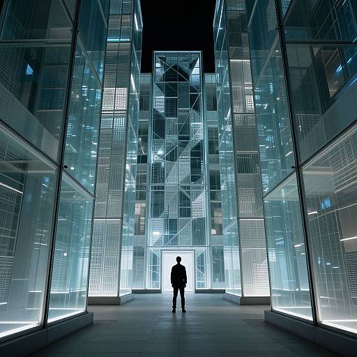 Solitary Figure in Futuristic Cyberpunk Corridor