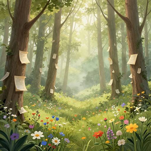 Sunlit forest scene with tall trees, colorful wildflowers, and handwritten notes on tree trunks, bathed in soft morning light. Digital art.