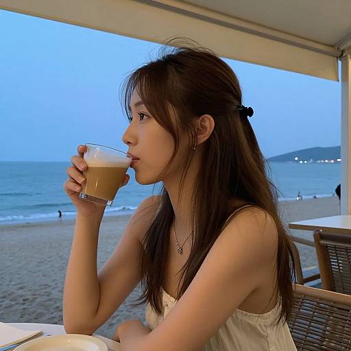 Serene Woman at Seaside Café