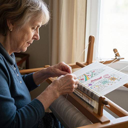 Photograph of an elderly woman with short gray hair, wearing a dark sweater, intently weaving colorful patterns on a wooden loom in a sunlit