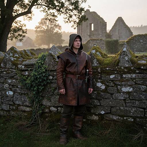 Medieval man in brown hooded coat stands before moss-covered stone wall, ancient castle ruins in misty sunset background. Photorealistic.
