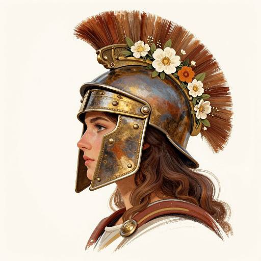 Digital portrait of a young woman in ancient Greek-style helmet with bronze finish, brown feather crest, white flowers, and wavy brown hair, in profile