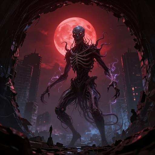 Digital art: Grim, skeletal monster with twisted limbs and glowing purple energy stands under a red full moon, in a dark, ruined cityscape, with
