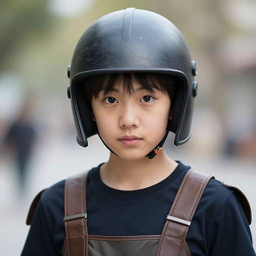 Photograph of an Asian boy with fair skin, black helmet, black shirt, brown overalls, standing outdoors with blurred background.