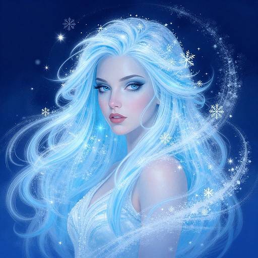 Digital artwork of a beautiful, blue-eyed woman with glowing white, ethereal hair surrounded by sparkling snowflakes against a dark blue background.