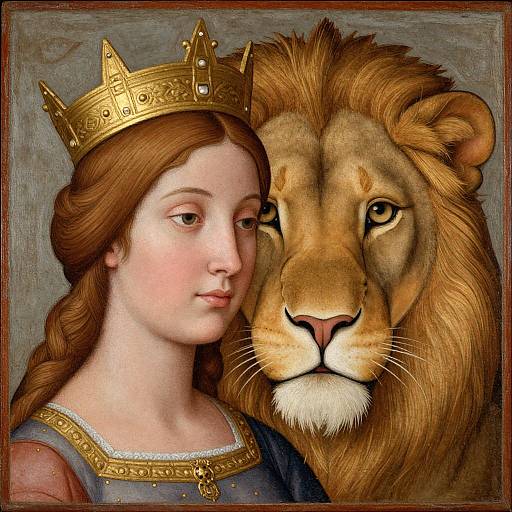 Digital painting of a fair-skinned woman with brown hair in a braid, wearing a gold crown, next to a realistic lion with a majestic mane