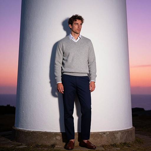 Photograph of a young man with curly brown hair, wearing a light gray sweater, white shirt, black pants, and brown shoes, standing against a
