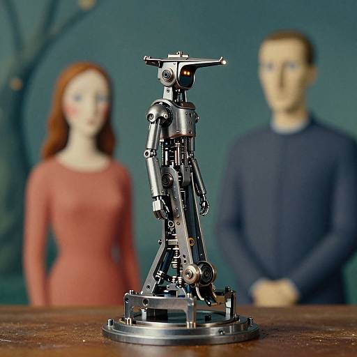 Photograph of a detailed silver robot sculpture on a wooden table, with a blurred background of a red-haired woman in a red dress and a man in