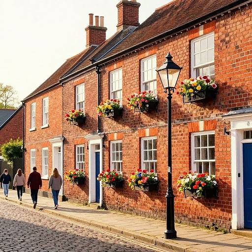 Photograph of a sunlit, cobblestone street with red-brick houses, flower boxes, black lampposts, and three people walking