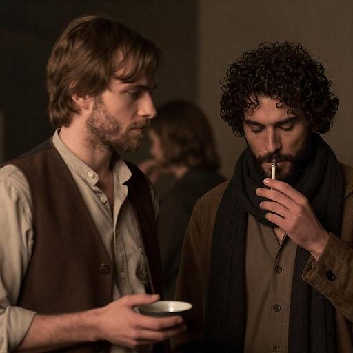 Two Men in Dimly Lit Setting