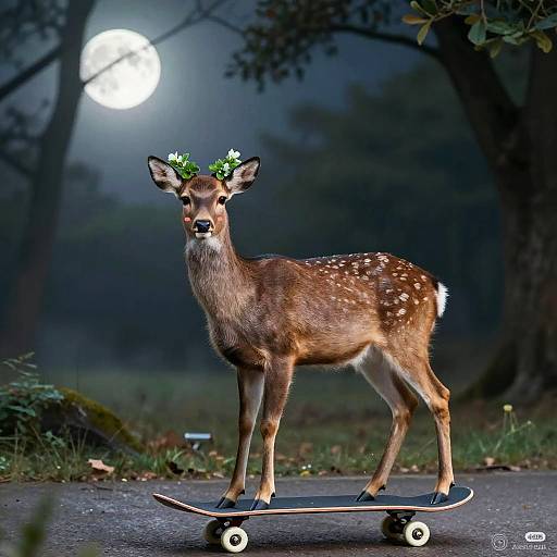 Moonlit Deer on Skateboard