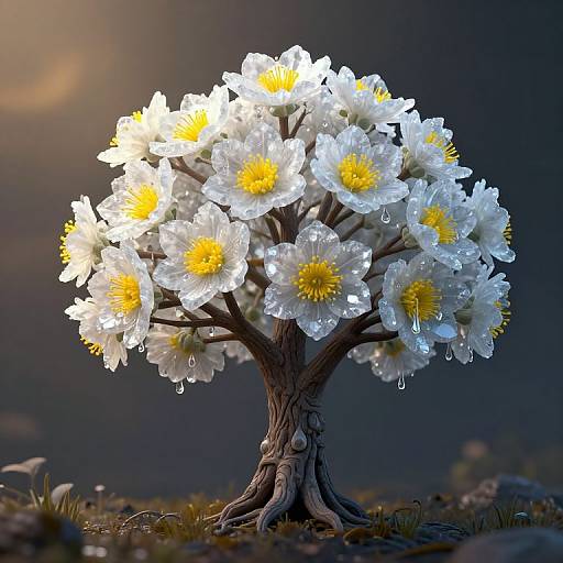 Photograph of a single, glowing tree adorned with white daffodils with yellow centers, dewdrops, and a dark, blurred background.
