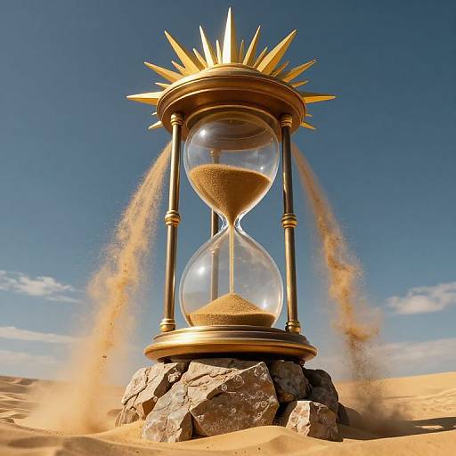Golden hourglass with sand flowing, crowned with sunburst, stands on rocky base in desert under clear blue sky. Photorealistic CGI.
