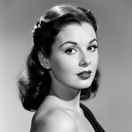 Black-and-white photograph of a 1940s-style woman with dark, wavy hair, wearing a dark dress, earrings, and lipstick, looking
