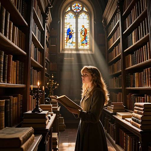 Photograph of a woman with long, curly brown hair, wearing a striped dress, reading a book in a dimly lit, sunbeam-ill
