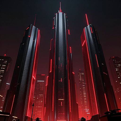 Photograph of futuristic skyscrapers at night, illuminated by vibrant red neon lights, against a dark, cloudy sky, creating a cyberpunk aesthetic.