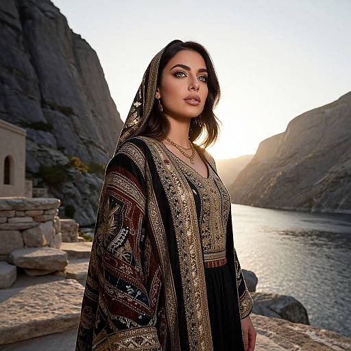 Photograph of a beautiful woman with olive skin and dark hair, wearing an ornate black and gold traditional dress, standing by a rocky riverside at