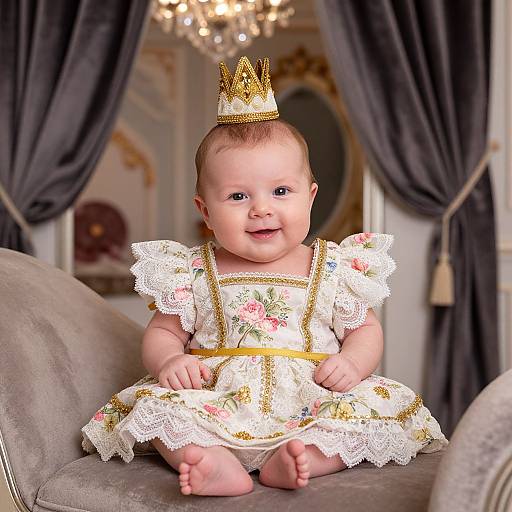 Photograph of a smiling baby wearing a white lace and floral dress with a gold crown, sitting on a gray velvet chair in an ornate room with