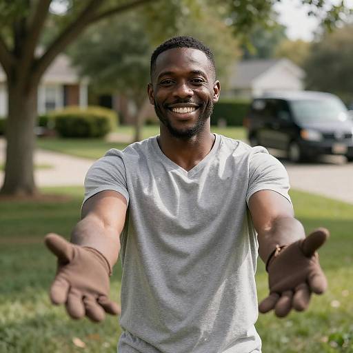 Smiling Man in Park with Gloves